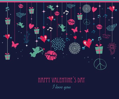 Vintage Valentines day colorful hanging decoration elements baubles composition. EPS10 vector file organized in layers for easy editing.