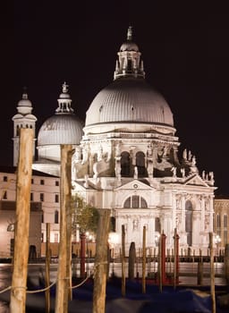 Famous Cathedral of Santa Maria della Salute at night, Venice, Italy