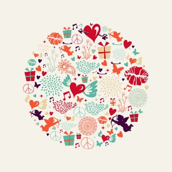 Colorful Valentines day greeting card circle shape illustration. EPS10 vector file organized in layers for easy editing.