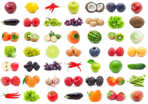 Set of various fruits and vegetables isolated on white background