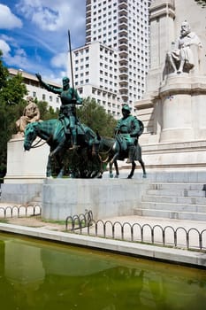 Statue of Spanish writer Miguel Cervantes and his character Don Quichote in Madrid, Spain