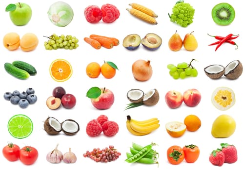 Collection of various fruits and vegetables isolated on white background