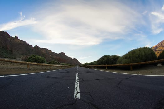 Desert Lonely Road Landscape in Volcan Teide National Park, Tenerife, Canary Island, Spain