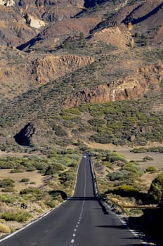 Desert Lonely Road Landscape in Volcan Teide National Park, Tenerife, Canary Island, Spain