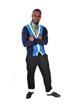 A black young man standing for white background with his arms crossed.smiling into the camera..