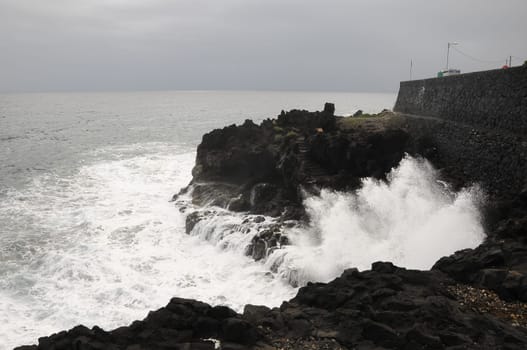 Strong Waves Crashing on the Volcanic Coast in Tenerife Canary Islands