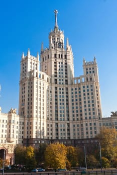 Beautiful view of soviet skyscraper Kotelnicheskaya Embankment Building, Moscow, Russia