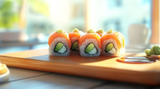 Fresh sushi rolls with ginger falling on a wooden plate, Generative AI, food