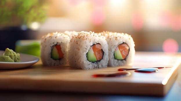 Fresh sushi rolls with ginger falling on a wooden plate, Generative AI, food