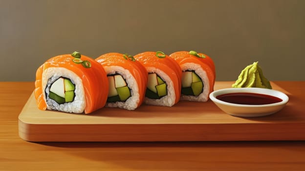 Fresh sushi rolls with ginger falling on a wooden plate, Generative AI, food