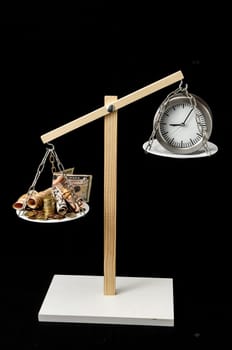 Time is Money Concept Clock and Currency on a Two Pan Balance