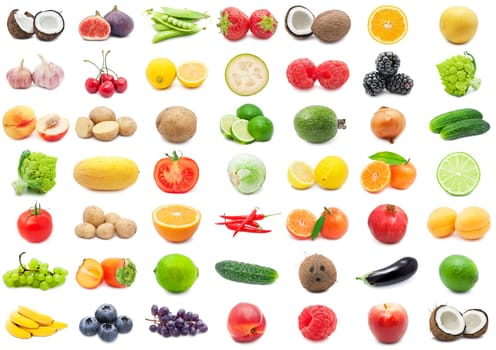 Collection of various fruits and vegetables isolated on white background