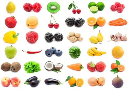 Collection of various fruits and vegetables isolated on white background