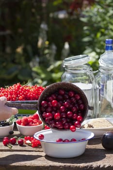 Make your own cherry liqueur,Step 2,put cherries from the sieve into a bowl