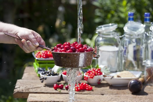 Make your own cherry liqueur,Step 1,wash cherries in a sieve with water