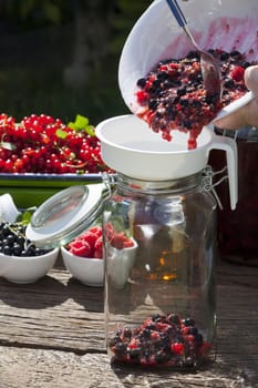Make your own currant liqueur,Step 2,put mashed currants and raspberries in a large mason jar