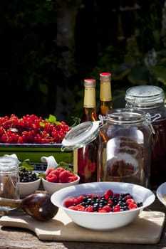 Ingredients for homemade fruit liqueur made from fresh picked currants and raspberries on a wooden table