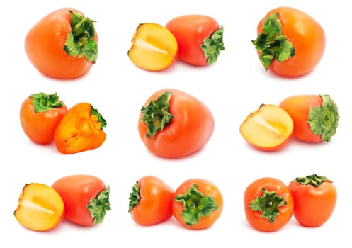 Collection of  fresh Persimmon or kaki diospyros ebony fruits on white background