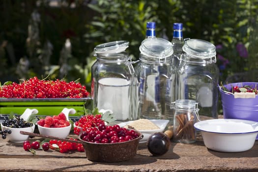 Ingredients for homemade fruit liqueur with fresh picked currants,raspberries and cherries on a wooden table