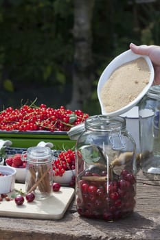 Make your own cherry liqueur,Step 5,add spices and cane sugar to the glass with the cherries