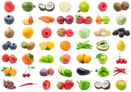 Collection of various fruits and vegetables isolated on white background