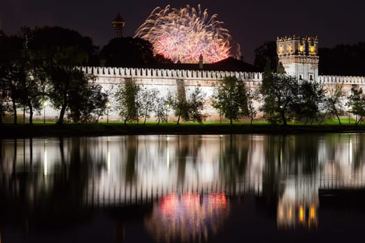 Beautiful view of Novodevichy Convent at night, Moscow, Russia