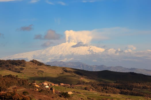View from Altesina montain of volcano Etna and column of smoke