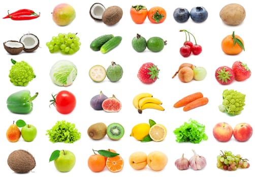Collection of various fruits and vegetables isolated on white background