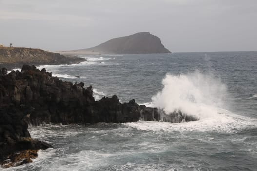 Strong Waves Crashing on the Volcanic Coast in Tenerife Canary Islands