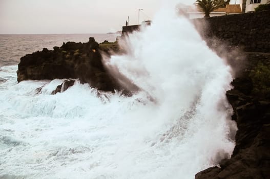 Strong Waves Crashing on the Volcanic Coast in Tenerife Canary Islands