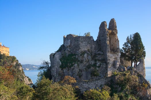 View of old and new castle in Duino, Italy
