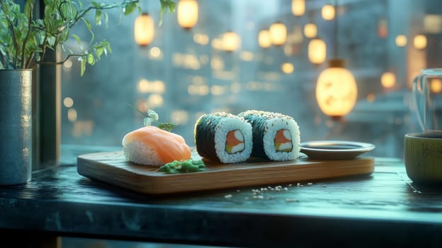 Fresh sushi rolls with ginger falling on a wooden plate, Generative AI, food