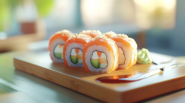 Fresh sushi rolls with ginger falling on a wooden plate, Generative AI, food