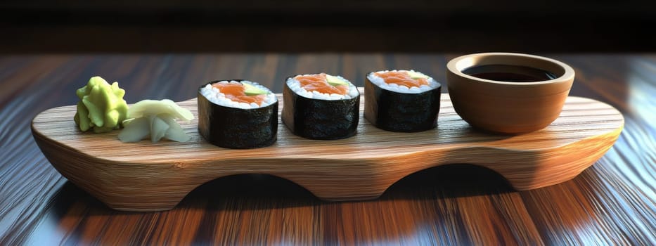 Fresh sushi rolls with ginger falling on a wooden plate, Generative AI, food