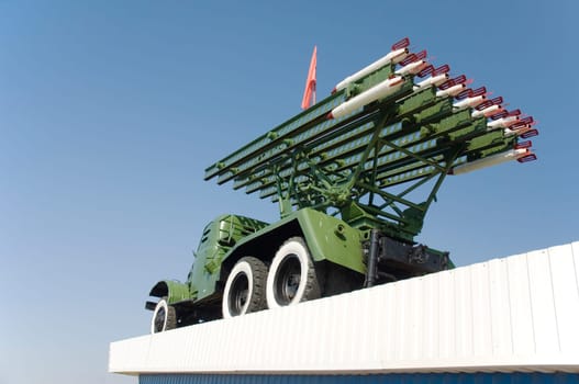 Monument of WWII. Antiaircraft rocket complex MM-13 against the blue sky