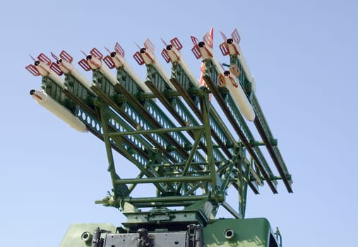 Monument of WWII. Antiaircraft rocket complex MM-13 against the blue sky