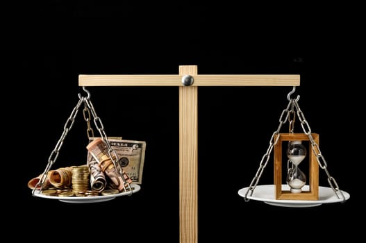 Time is Money Concept Clock and Currency on a Two Pan Balance