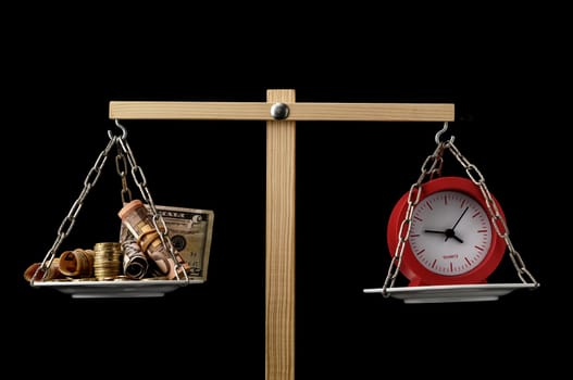Time is Money Concept Clock and Currency on a Two Pan Balance