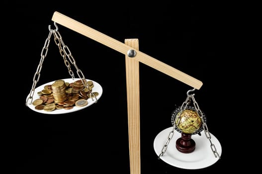 Globe Planet Earth and Money on a Two Pan Balance