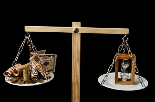 Time is Money Concept Clock and Currency on a Two Pan Balance