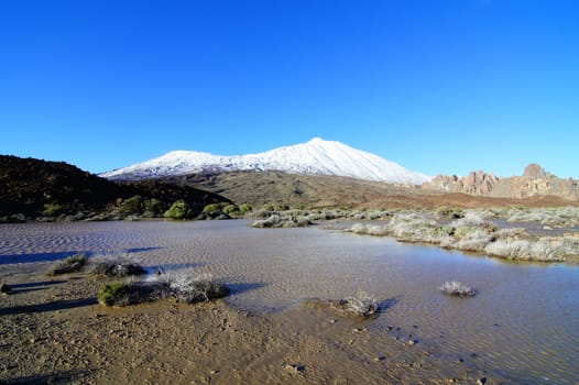 Backlight Sunbeams and Snow on Teide Tenerife Canary Islands