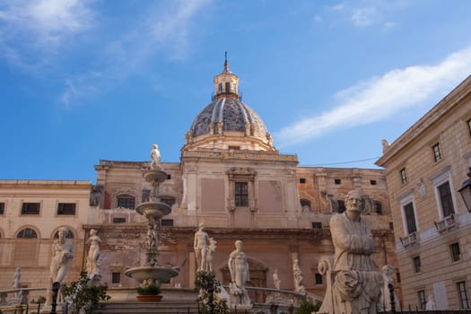 View of Fontana delle Vergogne in Piazza Pretoria in Palermo, Italy