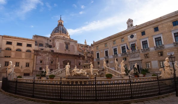 View of Fontana delle Vergogne in Piazza Pretoria in Palermo, Italy