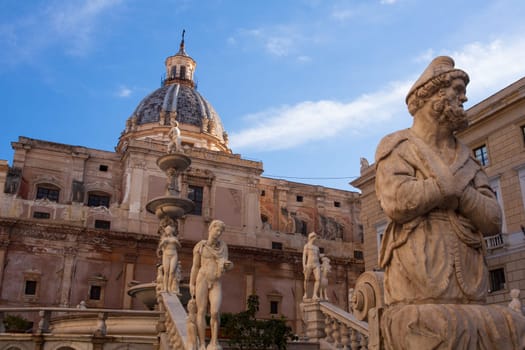 View of Fontana delle Vergogne in Piazza Pretoria in Palermo, Italy