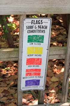 SIESTA KEY, BEACH, FLORIDA - MAY 9, 2013: Five different color flags of public surf, Siesta Beach conditions ranging from low, medium and high hazard, water closed to public to hazardous marine life.