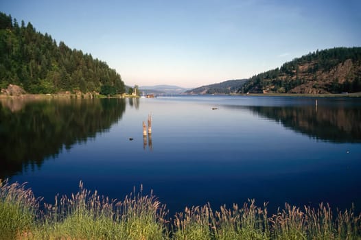 Calm lake by forest and field