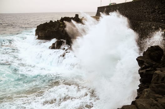 Strong Waves Crashing on the Volcanic Coast in Tenerife Canary Islands