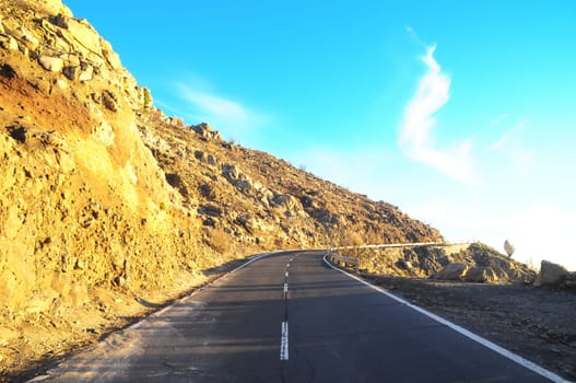Desert Lonely Road Landscape in Volcan Teide National Park, Tenerife, Canary Island, Spain