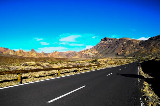Desert Lonely Road Landscape in Volcan Teide National Park, Tenerife, Canary Island, Spain