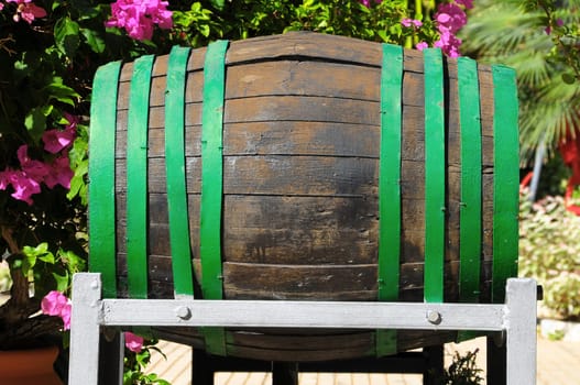 Decorative Old Wooden Barrel on an Urban Garden